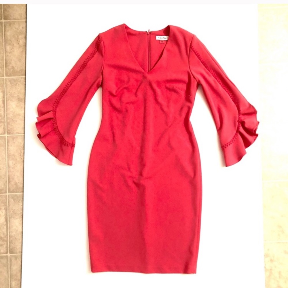Calvin Klein Ruffle Sleeve Coral Sheath Dress